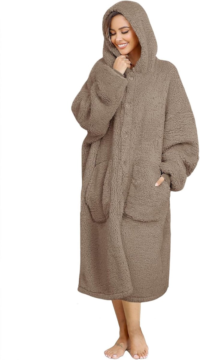 Hoodiedeken voor dames en heren, superwarme en knusse grote draagbare deken met capuchon voor thuis, dikke losse pluche jassen