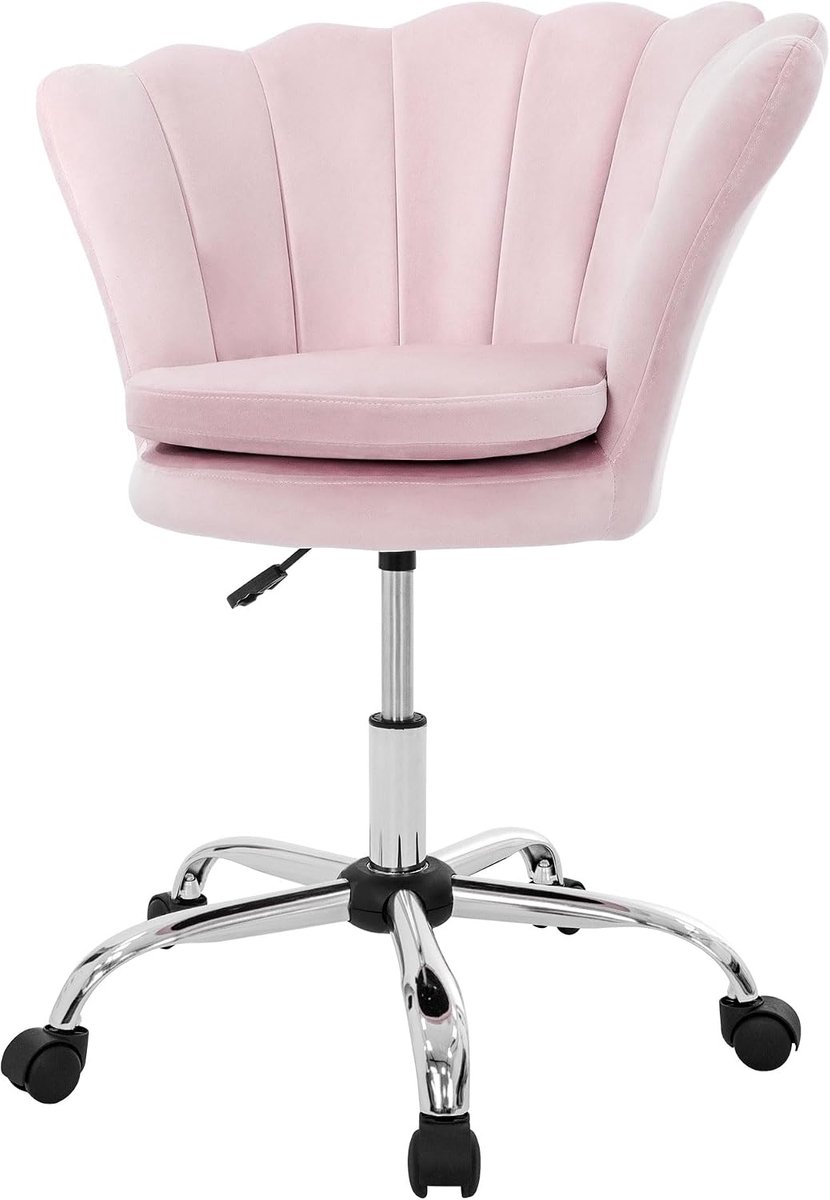 Fluwelen bureaustoel lichtroze kaptafel stoel met schelpvormige rugleuning draaibare zitstoel met wieltjes in hoogte verstelbaar gestoffeerde relaxfauteuil ergonomische werkstoel slaapkamer
