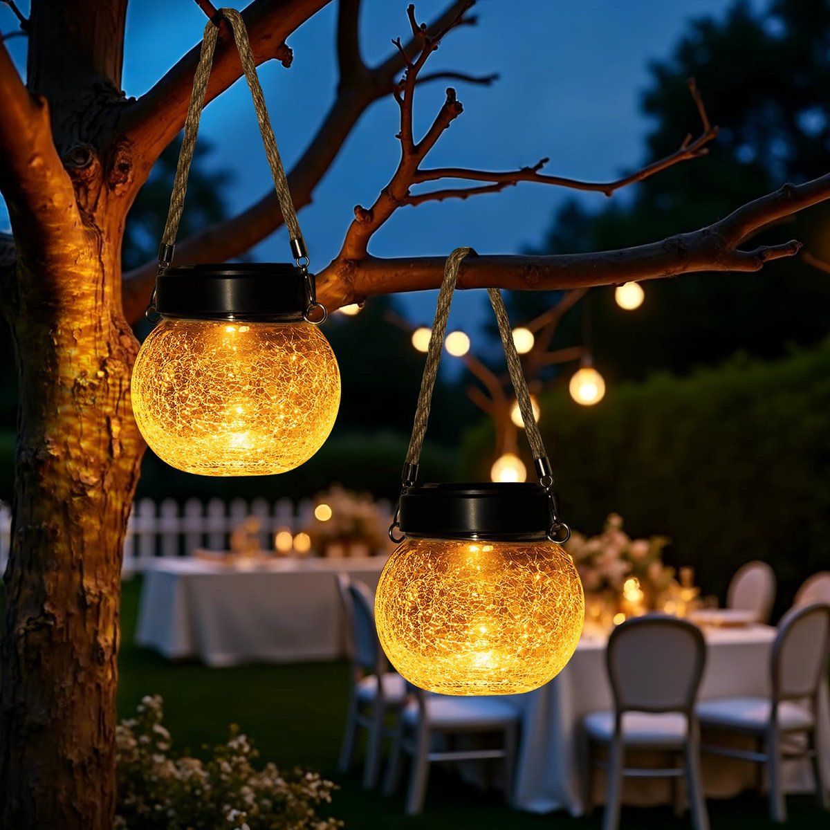 SnelShoppen - Lantaarns op zonne-energie voor buiten, set van 2 IP65 waterdichte hangende zonnelampen, warme amber en RGB-kleuren, crackle glas, LED-b