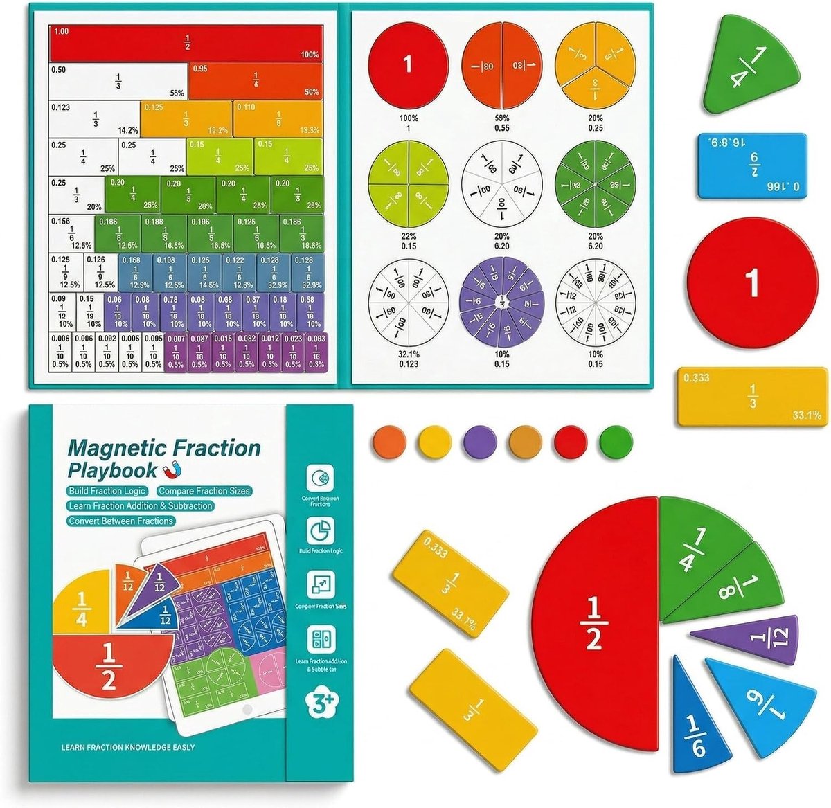 Educatieve magnetische puzzel voor kinderen, Montessori speelstenen en breukcirkels voor kleuters en basisschoolleerlingen
