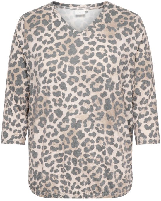 Shirt met V-hals en dierenprint in beige en grijs, driekwart mouwen.