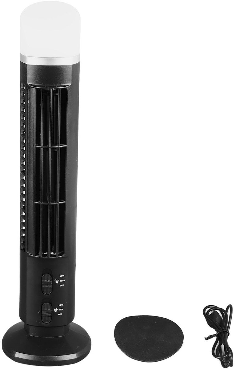 SnelShoppen - Torenventilator voor Slaapkamer, 90 Graden Oscillerende Ventilator, Stille Draagbare USB-Tafelventilator met Licht, Vleugelloze Ventilat