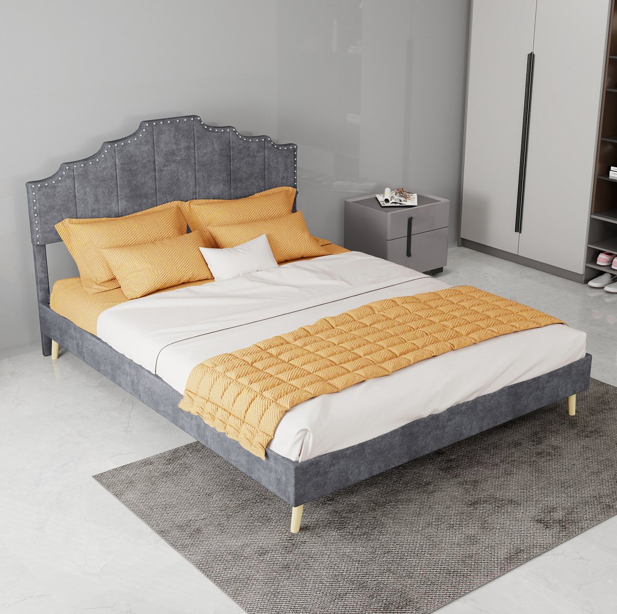 DESMIU Gestoffeerd Bed 140x200 cm – Zacht Hoofdbord Met Geometrisch Design – Lattenbodem – Laag Bedframe – Voor Slaapkamer – Stof – Grijs – Zonder Matras