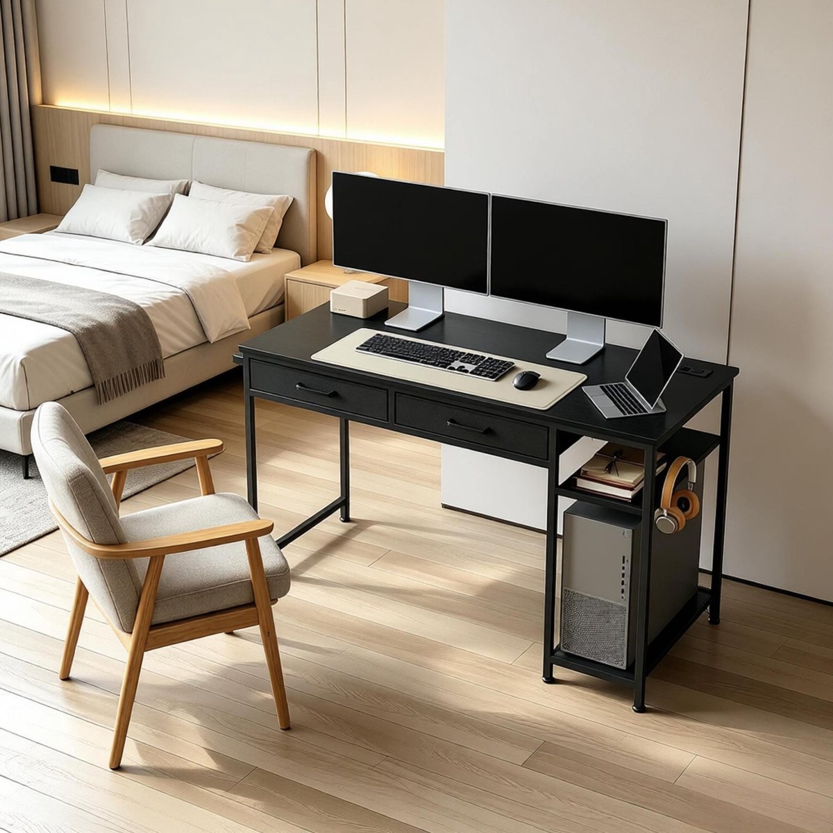 HAUSS SPOLE Bureau - Computertafel Met Stopcontacten En Stoffen Lades - Voor Werkkamer Slaapkamer Of Woonkamer - Hout En Metaal - 120x51x75 Cm - Zwart