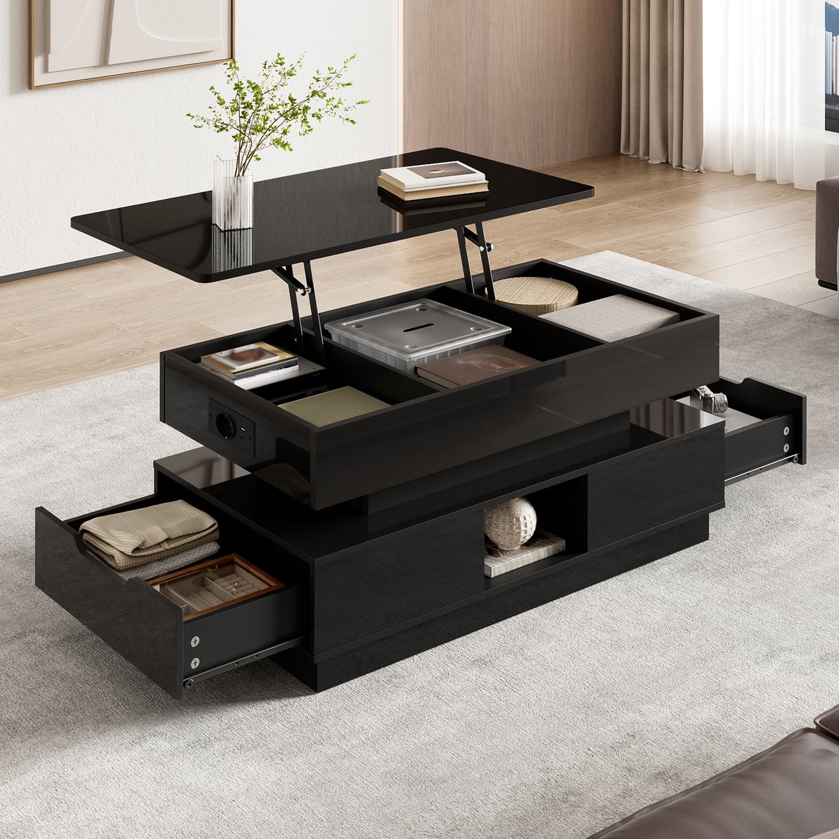 DESMIU Salontafel - Hoogglans, Hoogteverstelbaar Met Lades, Stopcontact En LED Verlichting - Modern Voor Woonkamer - Zwart - 90x48x42,5 Cm