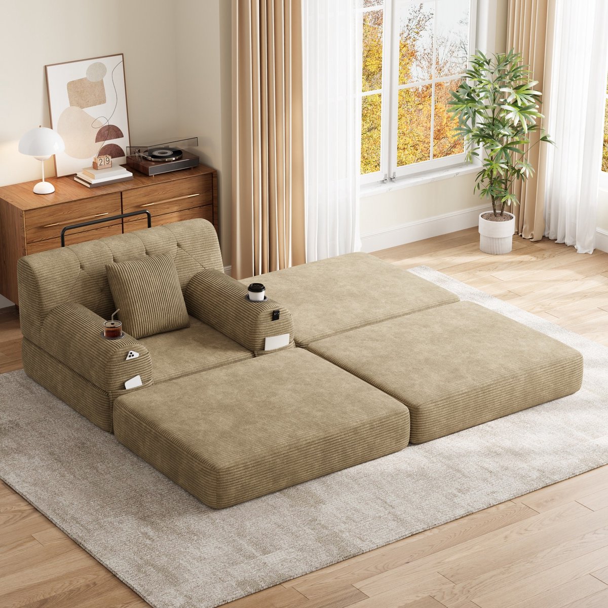 OKWISH Fauteuil 107 x 162 x 81 cm - 1-Zits Slaapfauteuil Met Hocker, Hoge Rugleuning, 2 Bekerhouders En 4 Zijvakken - Cord - Khaki
