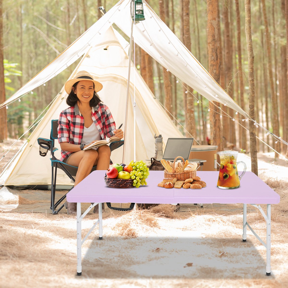 MODENUIT Picknicktafel - Opvouwbaar Met Handgreep - Verstelbare Hoogte Voor Kamperen - Paars - 125x61 cm