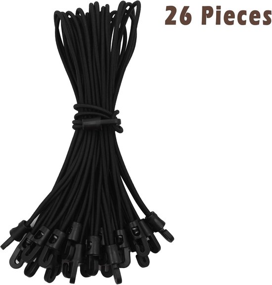 Set van 26 Bungee Koorden met Haken - Elastische Straps voor Bevestigen, Verpakken en Transporteren - Zwart, 26 cm — afbeelding 2
