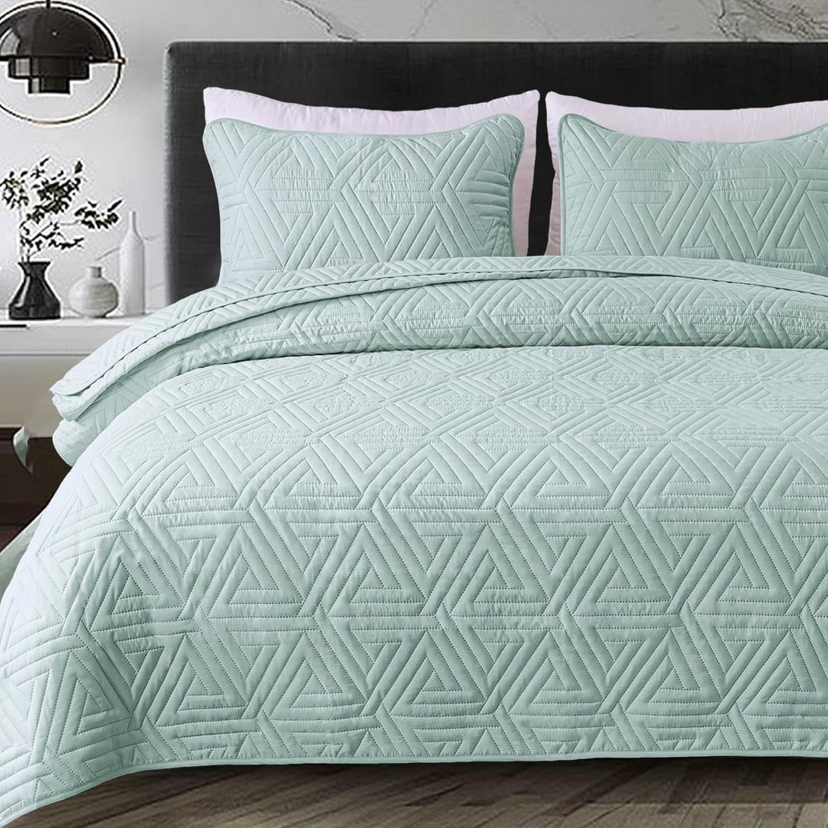 SnelShoppen - Whale Flotilla Sprei 220 x 240 cm, Zachte Microvezel Bedsprei met 2 Kussenslopen, Lichtgewicht Geometrisch Patroon in Groen voor het Hel