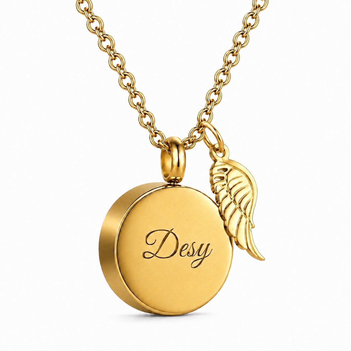 Luxe Ashanger met Vleugel | Gepersonaliseerde Ashanger met Naam – Asketting Rond met Engelenvleugel Bedel – RVS Gedenksieraad met Naamgravure – Inclusief Ketting – Goud - Petshop Seven