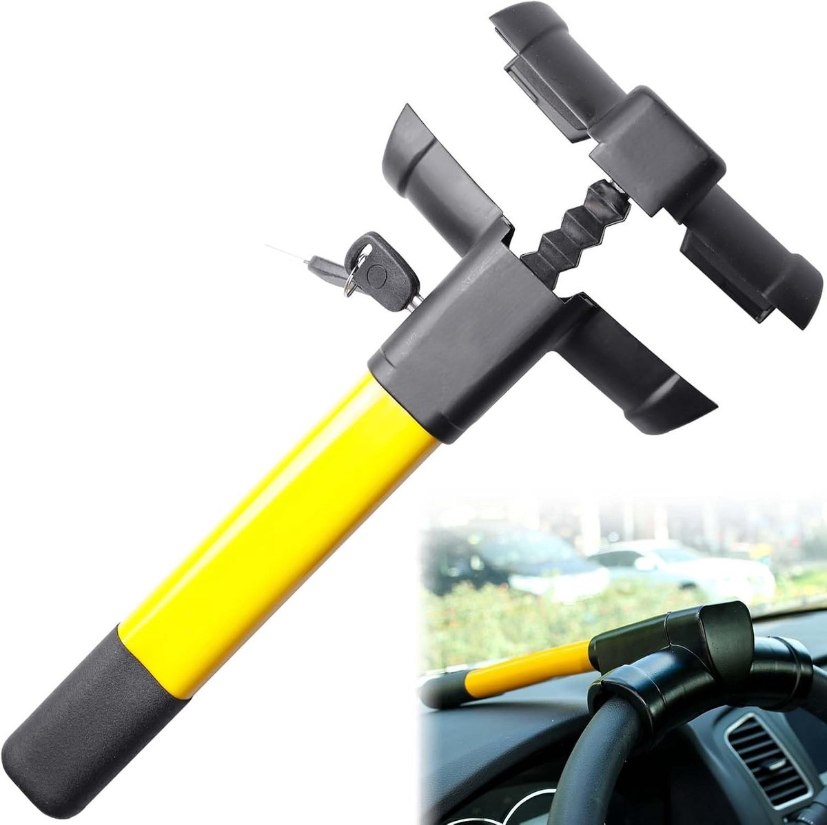 Steering Lock met 2 Sleutels, Anti-Diefstal Beveiliging voor Auto's en Campers, Stuurklem en Immobilizer Systeem (Zwart)