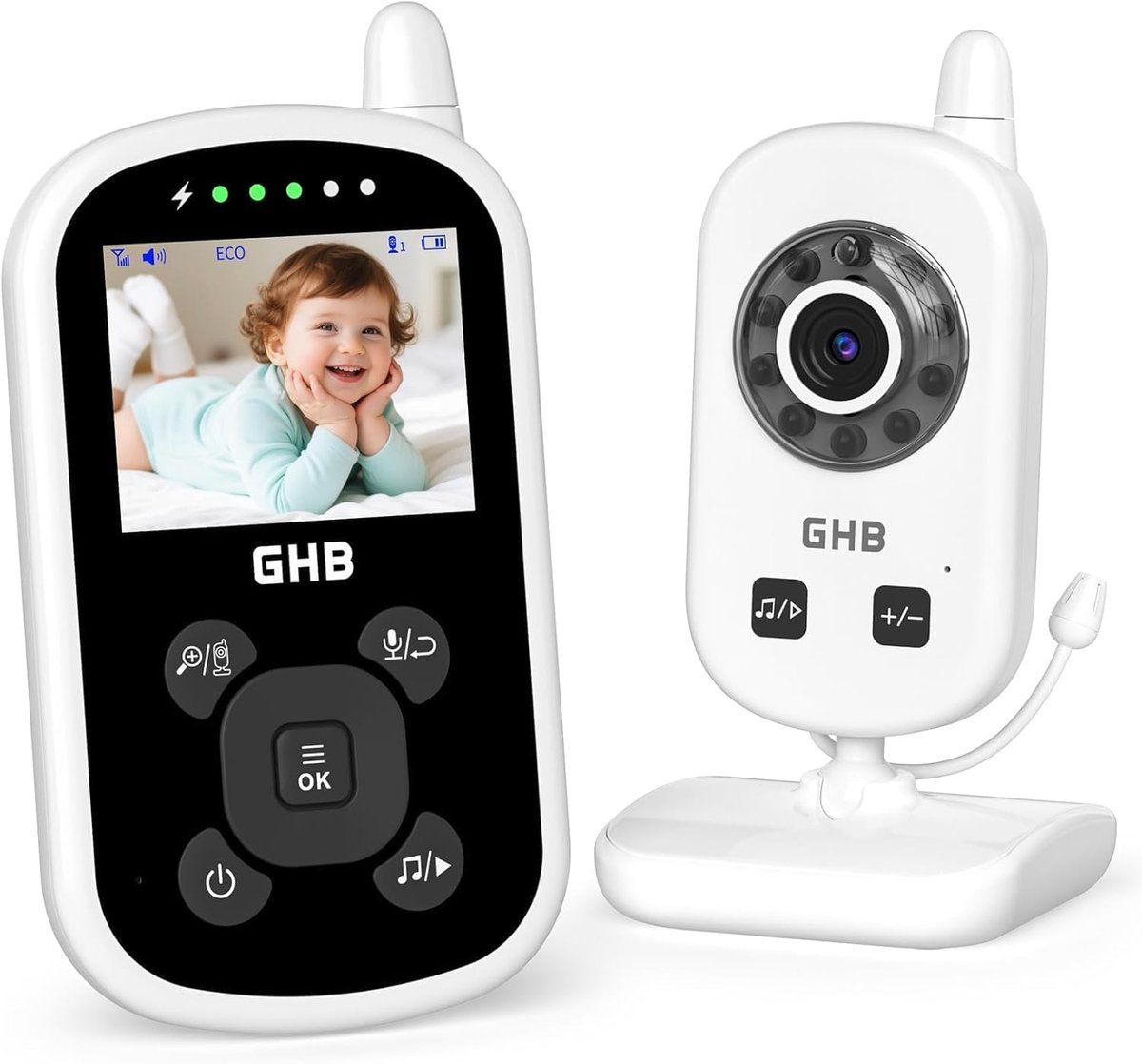 Thijox - GHB Babyfoon met camera, 2,4 GHz Babymonitor met Nachtzicht, 2x Digitale Zoom, Eco-Modus, Tweerichtingscommunicatie, Slaapliedjes voor Kinder