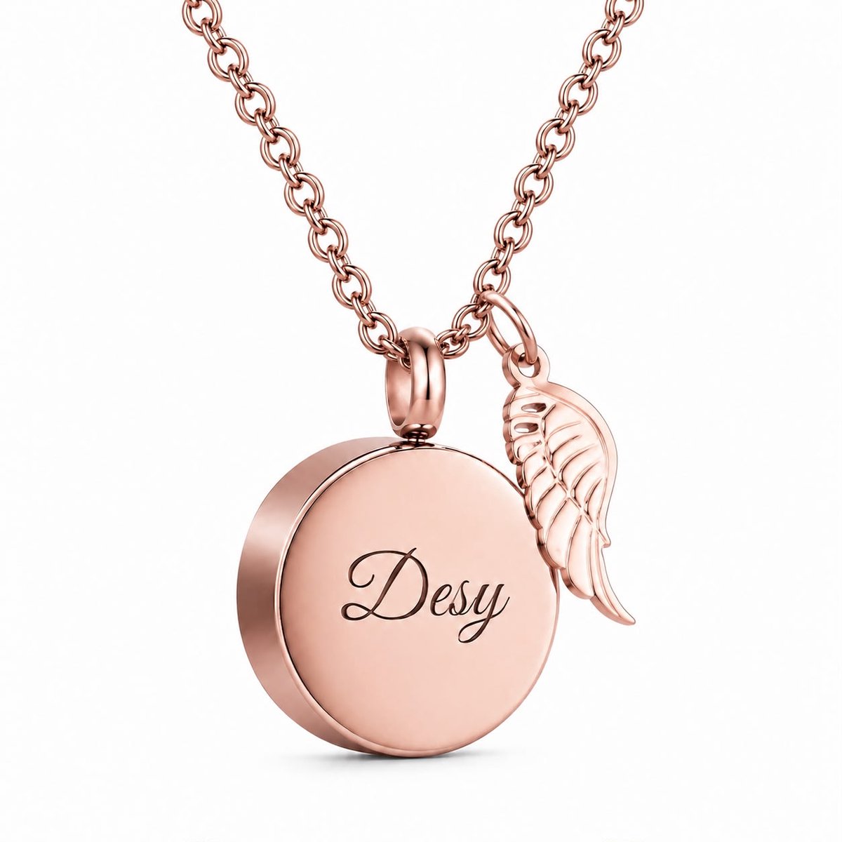 Luxe Ashanger met Vleugel | Gepersonaliseerde Ashanger met Naam – Asketting Rond met Engelenvleugel Bedel – RVS Gedenksieraad met Naamgravure – Inclusief Ketting – Roségoud - Petshop Seven