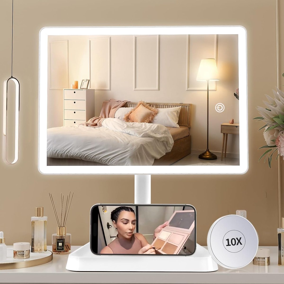 Thijox - Oplaadbare Make-upspiegel met Verlichting, 96 LED, Telefoonhouder, 10x Vergrotende Spiegel, Dimbare Cosmetische Spiegel voor Perfecte Make-up