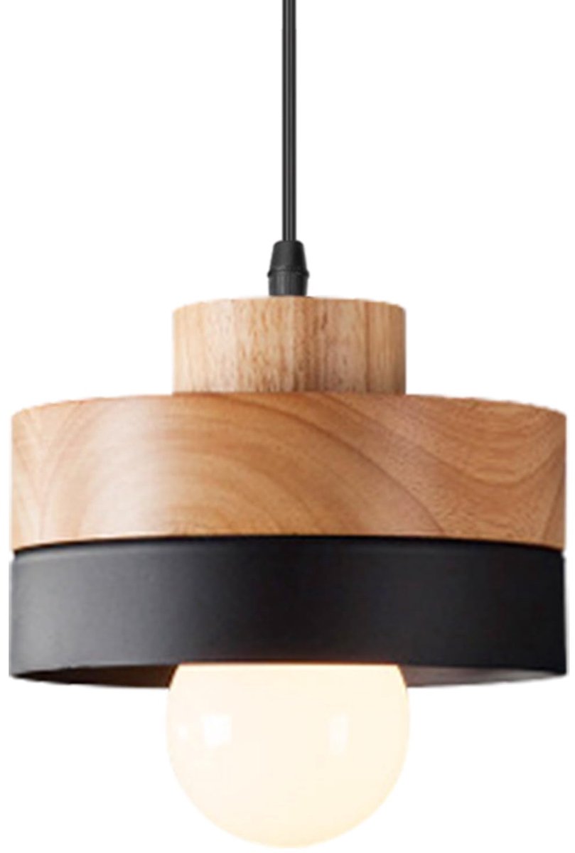 SnelShoppen - Hanglamp Houten Rond Retro Plafondlamp Vintage E27 Binnenverlichting Kroonluchter Schaduw Metaal Industrieel Modern Zwart voor Woonkamer