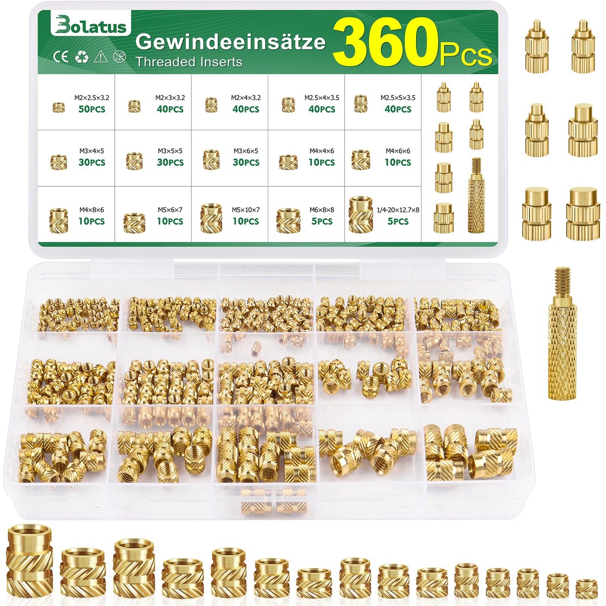 SnelShoppen - Schroefdraadinzetstukken M2, M2,5, M3, M4, M5, M6 - Messing Smeltmoeren voor Kunststof - Gekartelde Smeltschroefdraad - Ideaal voor 3D-P