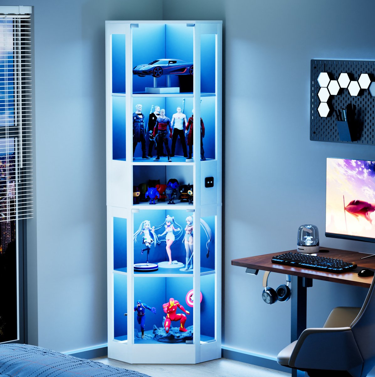 REDOM - Vitrinekast - LED-verlichting - Glazen deuren met bewegingssensor - 5 niveaus - Woonkamer en slaapkamer - MDF en glas - Wit - 57 x 40 x 165 cm