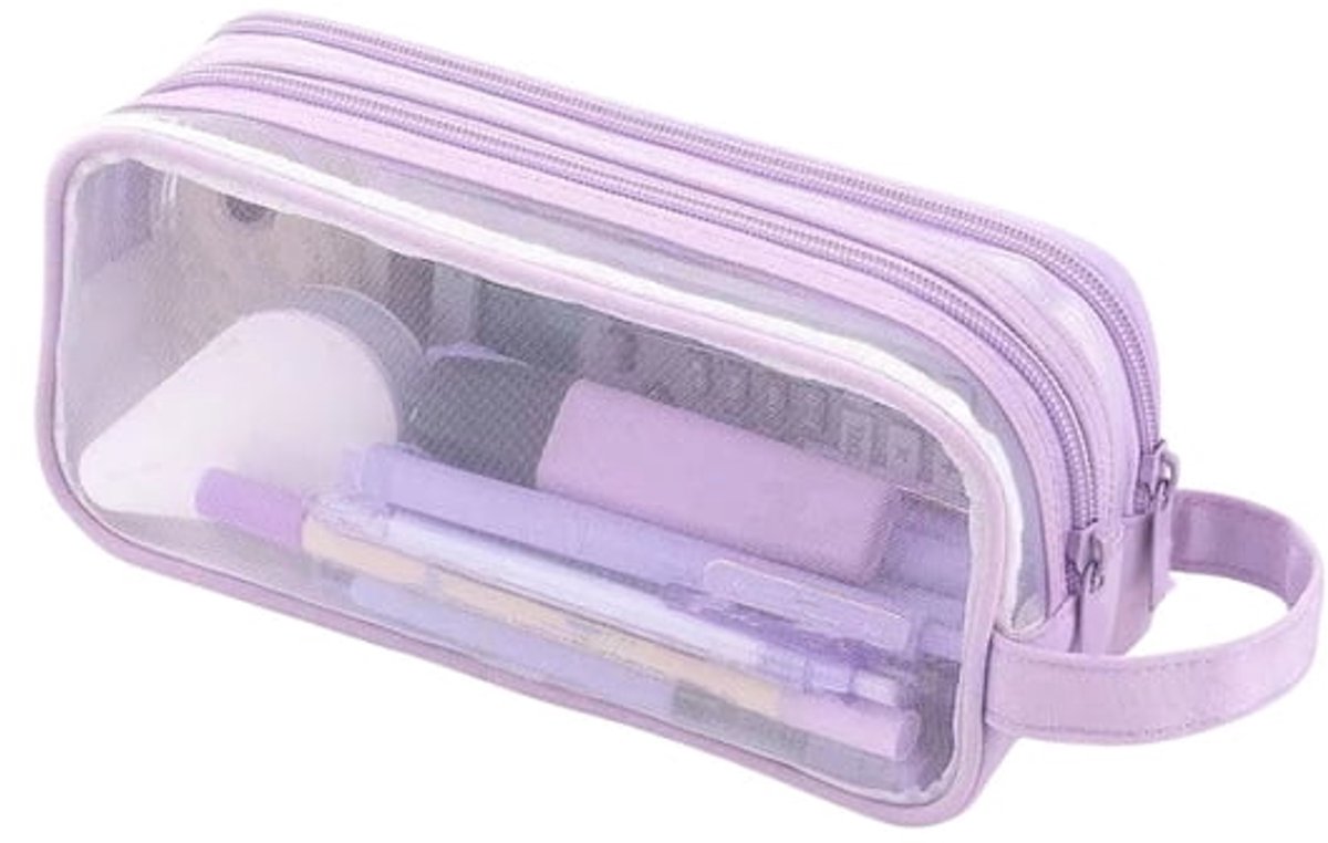 LISM-Dubbellaags transparant etui van gaas, ruim opbergtasje voor schrijfwaren en praktisch etui met ritssluiting, paars.