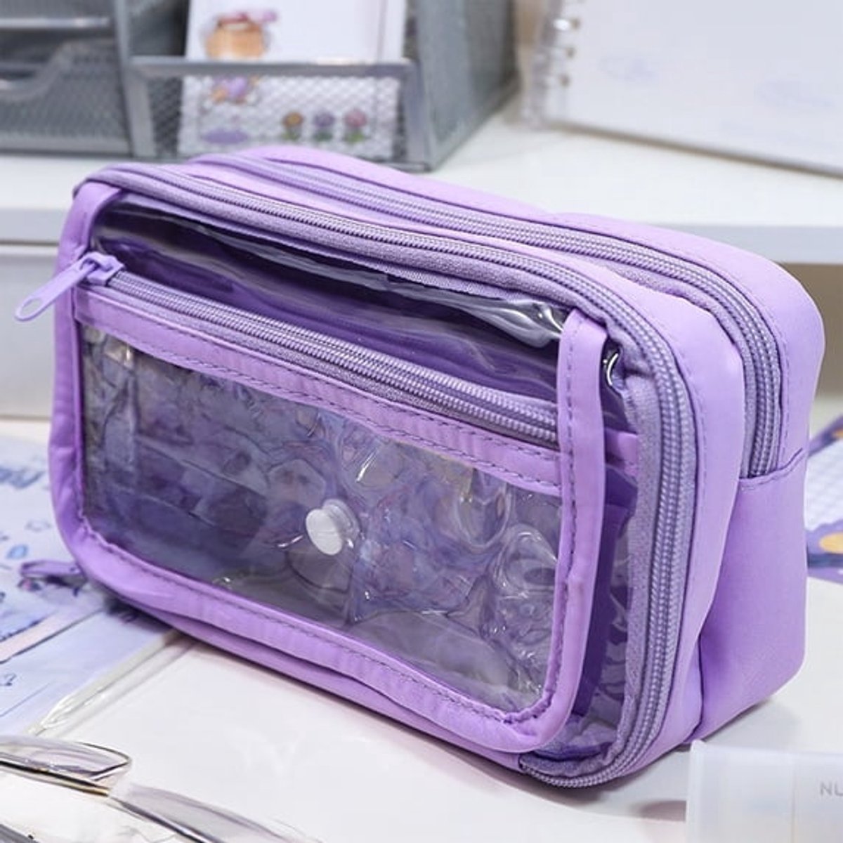 LISM-Meerlaagse opbergtas voor schrijfwaren, waterdichte stof met transparant PVC, etui met grote capaciteit, 21,5*7*13 cm - paars.