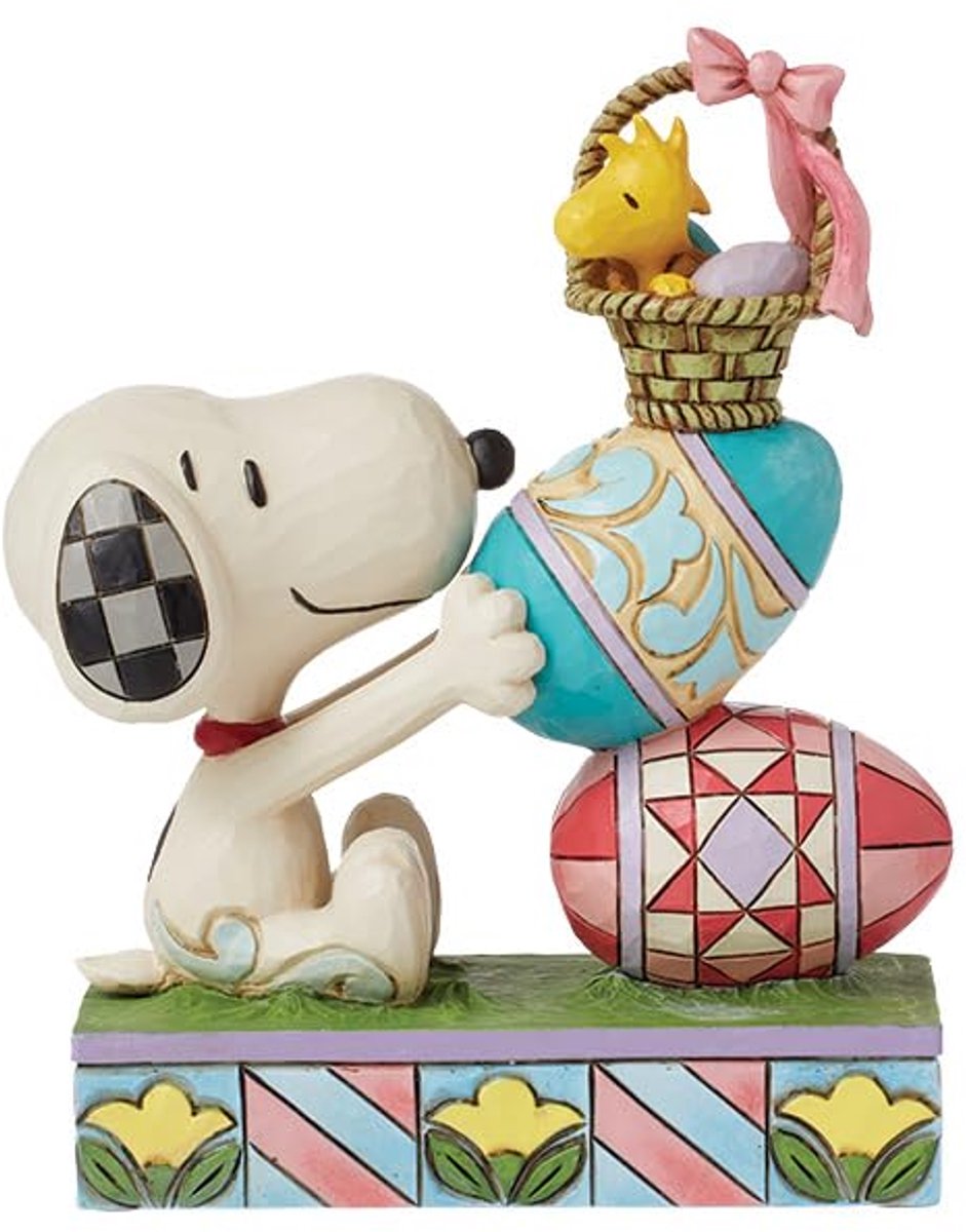 SnelShoppen - Snoopy en Woodstock Beeldje met Gestapelde Paaseieren - 5,83 Inch - Meerkleurig - Peanuts Decoratie voor Pasen, Kinderen en Verzamelaar