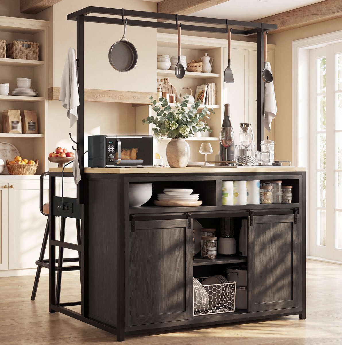 REDOM - Keukenmeubelset met 2 barhockers - Keukeninsel met opbergruimte en stroomaansluiting - MDF en metaal - Zwart - 107 x 62 x 183 cm