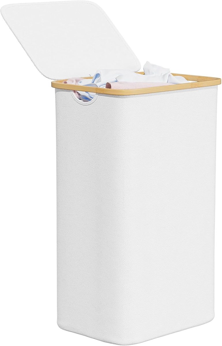 Wasmand met deksel 110L - hoge wasmand - bamboe handgrepen - ideaal voor kleine ruimtes - ShopVlot