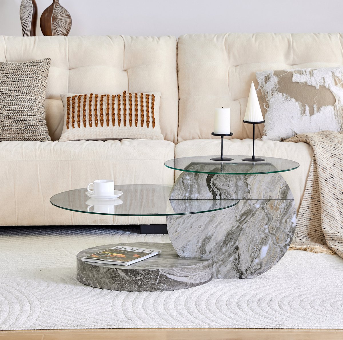 DESMIU Salontafel - Modern Minimalistisch Design Met Veiligheidsglas - 2-Laags Open Opbergen Voor Woonkamer - MDF En Glas - 90x70x44 Cm - Grijs Transparant