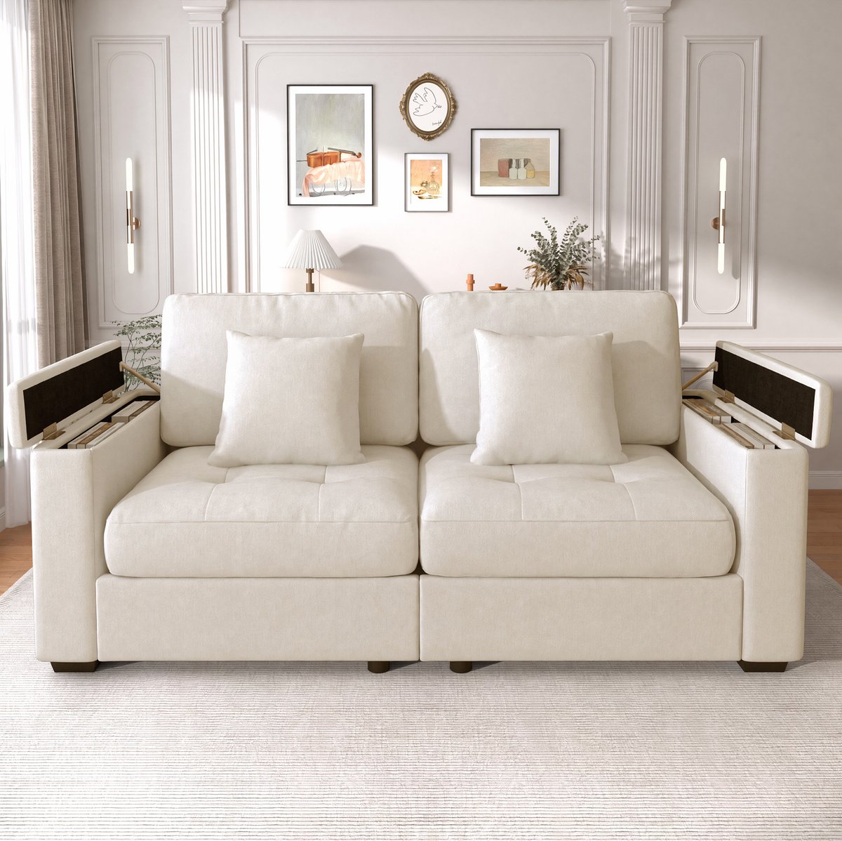 OKWISH Zitbank 180 Cm - 2-Zits Bank Met Opbergruimte In Armleuningen En Zijvakken - Voor Kleine Woonkamer - Chenille - Beige