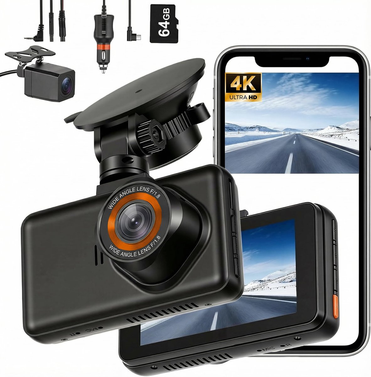 SnelShoppen - Dashcam Auto Voor en Achter 4K + 1080P, 64 GB Geheugenkaart, GPS en WLAN Ondersteuning, 24 Uur Parkeerbewaking, 170° Groothoeklens, Loop