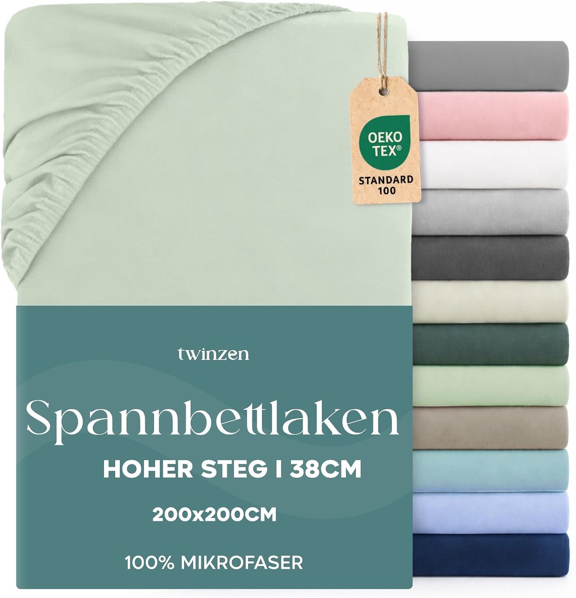 SnelShoppen - Twinzen hoeslaken 200x200 cm, 35 cm diepe hoek voor dikke matrassen - 100% geborsteld microvezel polyester - Lichtgroen, Oeko-Tex gecert
