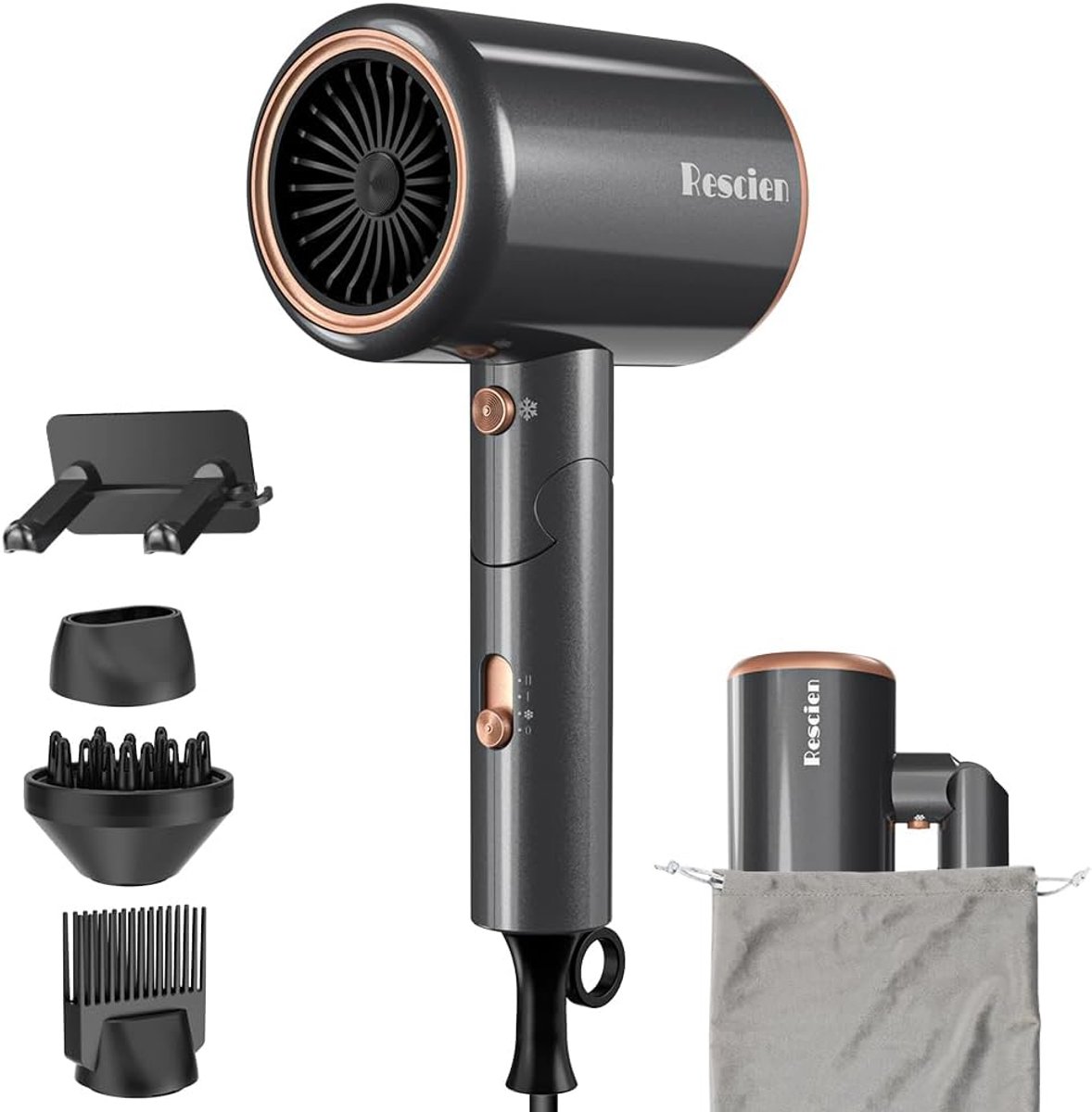 SnelShoppen - Haardroger, föhn, ionen, 2400 W, lichte en compacte professionele reisföhn, met reistas, houder en 3 opzetstukken, grijs, 2-3 x sneller,