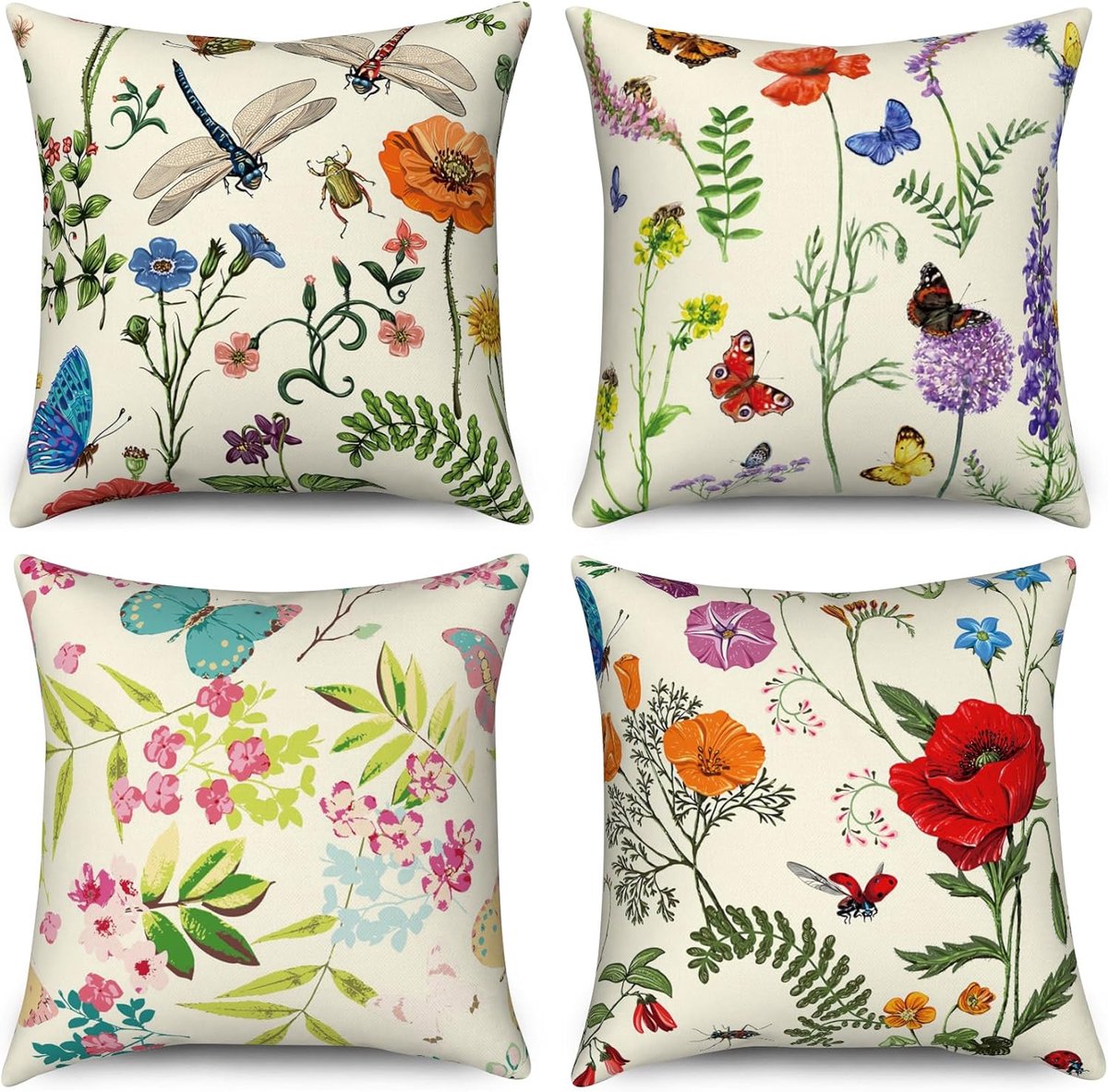 SnelShoppen - Kussenhoes Bloemen Set van 4 - 40 x 40 cm - Boerderij Tuin Terras Decoratieve Kussenhoezen - Kleurrijke Bloem Libelle Vlinder - Esthetis