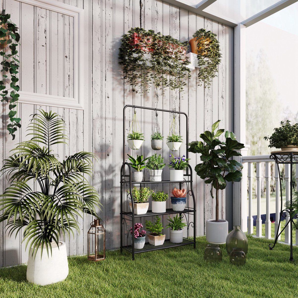 Pflanzenständer 3 Etagen Met Hängestang En Haken 75 X 25 X 137 Cm Metaal Zwart Voor Binnen Balkon En Tuin