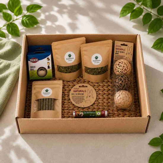 Een open kartonnen doos gevuld met konijnenspeelgoed: blauw Trixie snack-bal doosje, bruine mat, drie gevlochten ballen, drie papieren zakken met kruiden en een zakje met groen voer.