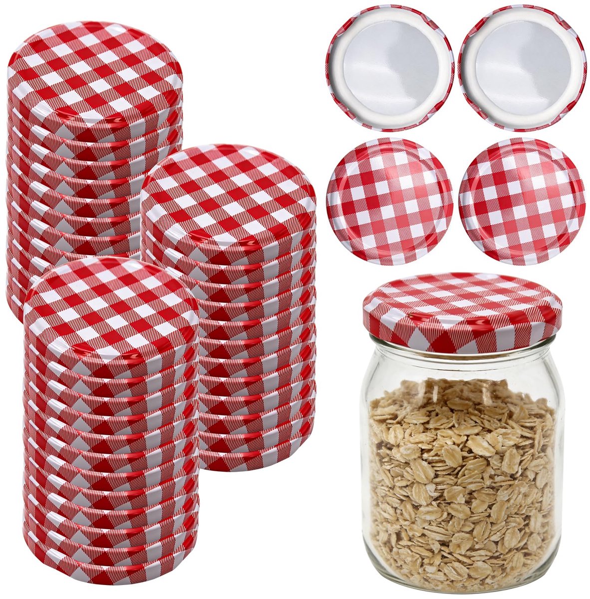 SnelShoppen - Set van 40 Twist-Off-deksels, 73 mm, metalen schroefdeksels in rood-wit geruit, voor inmaakpotten met een diameter van 65 mm, ideaal voo