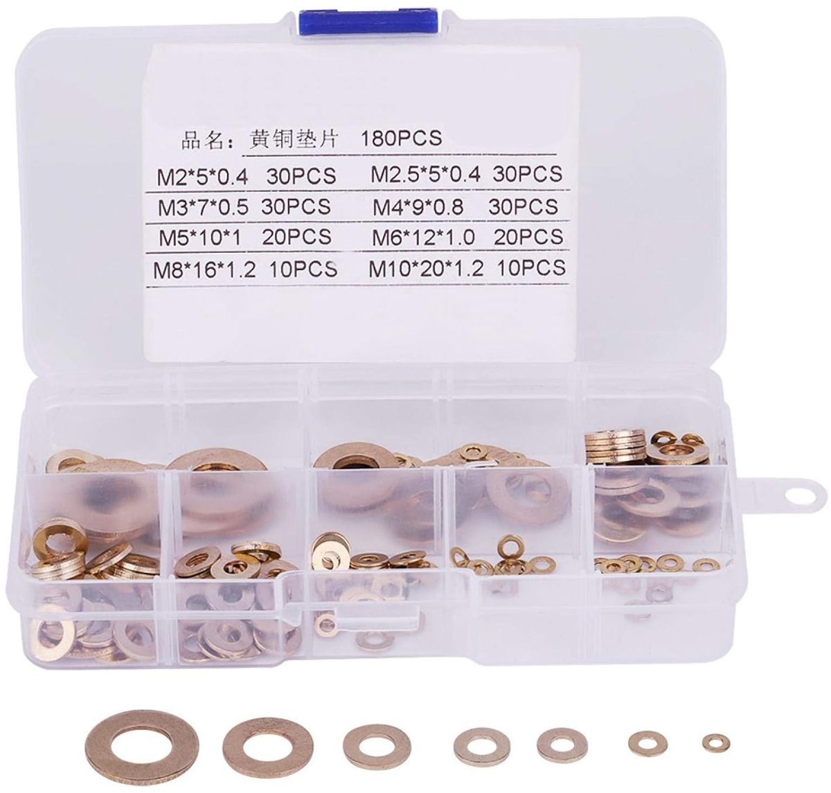 Assortiment van 180 Stuks Messing Platte Wasringen met Opbergdoos - M2 tot M10 voor Diverse Toepassingen