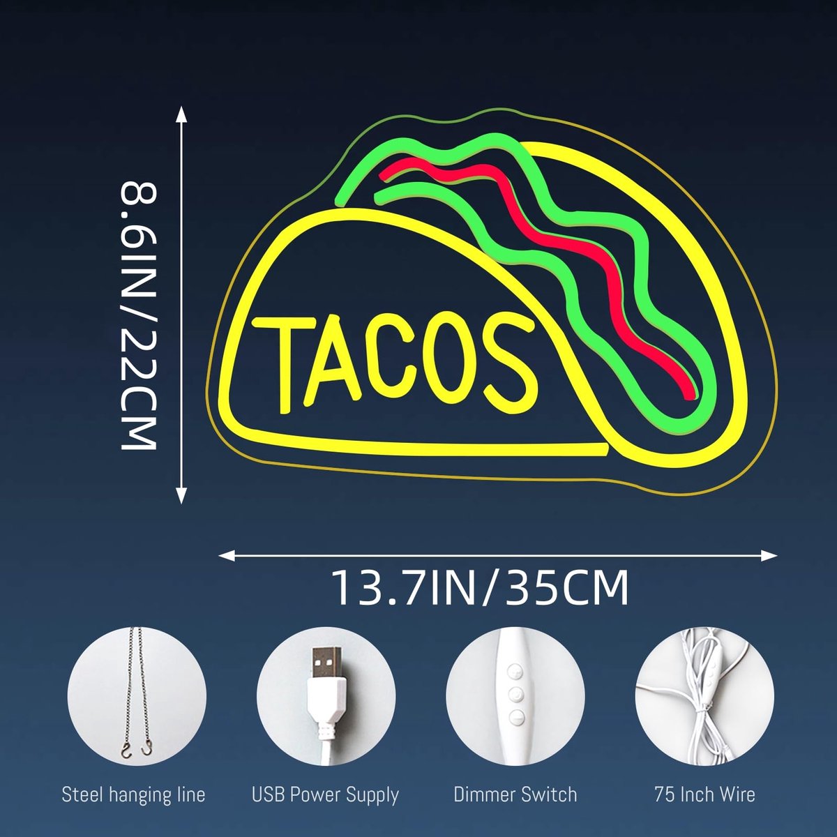 SnelShoppen - Tacos LED-Neonbord voor Wanddecoratie, Mexicaanse Verlichting voor Restaurants, USB Neonbord voor Tacobar, Feest en Keuken