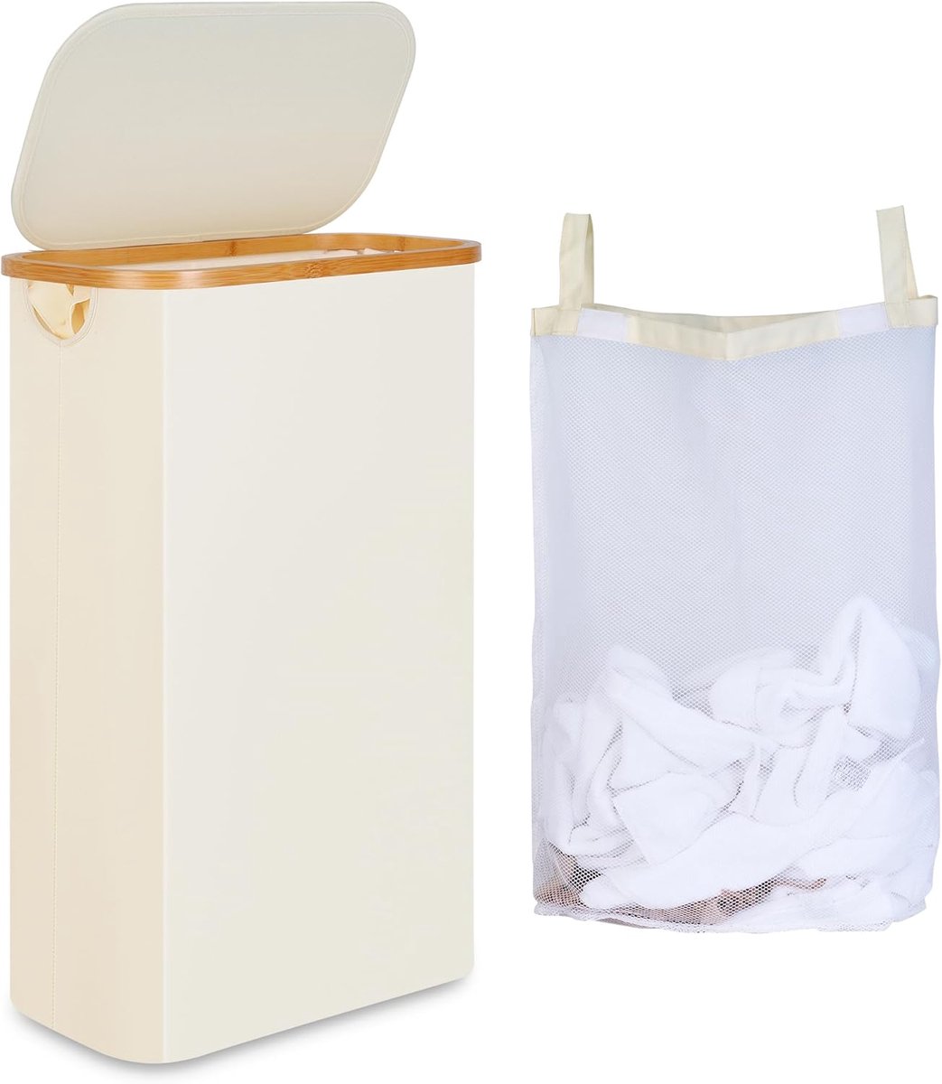 SnelShoppen - iEGrow Wasmand 65 liter, smalle wasverzamelaar met uitneembare wasbare binnenzak, handgrepen voor kleding, speelgoed, handdoeken (beige)