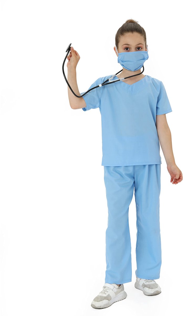 SnelShoppen - Wiclin Dokter Rollenspel Kostuum Roze Scrubs voor Unisex Kinderen met Witte Jas, Top, Broek en Stethoscoop, Maat S (5-7 jaar) voor Feest