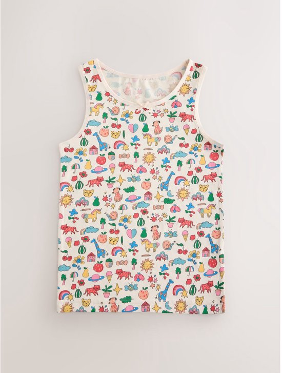 Wit hemdje met een kleurrijke all-over print van diverse iconen zoals regenbogen, fruit en dieren.