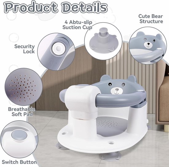 Baby badzitje - Badstoel peuter - Veilig badderen - Ergonomisch ontwerp - 4 zuignappen - Grijs — afbeelding 4