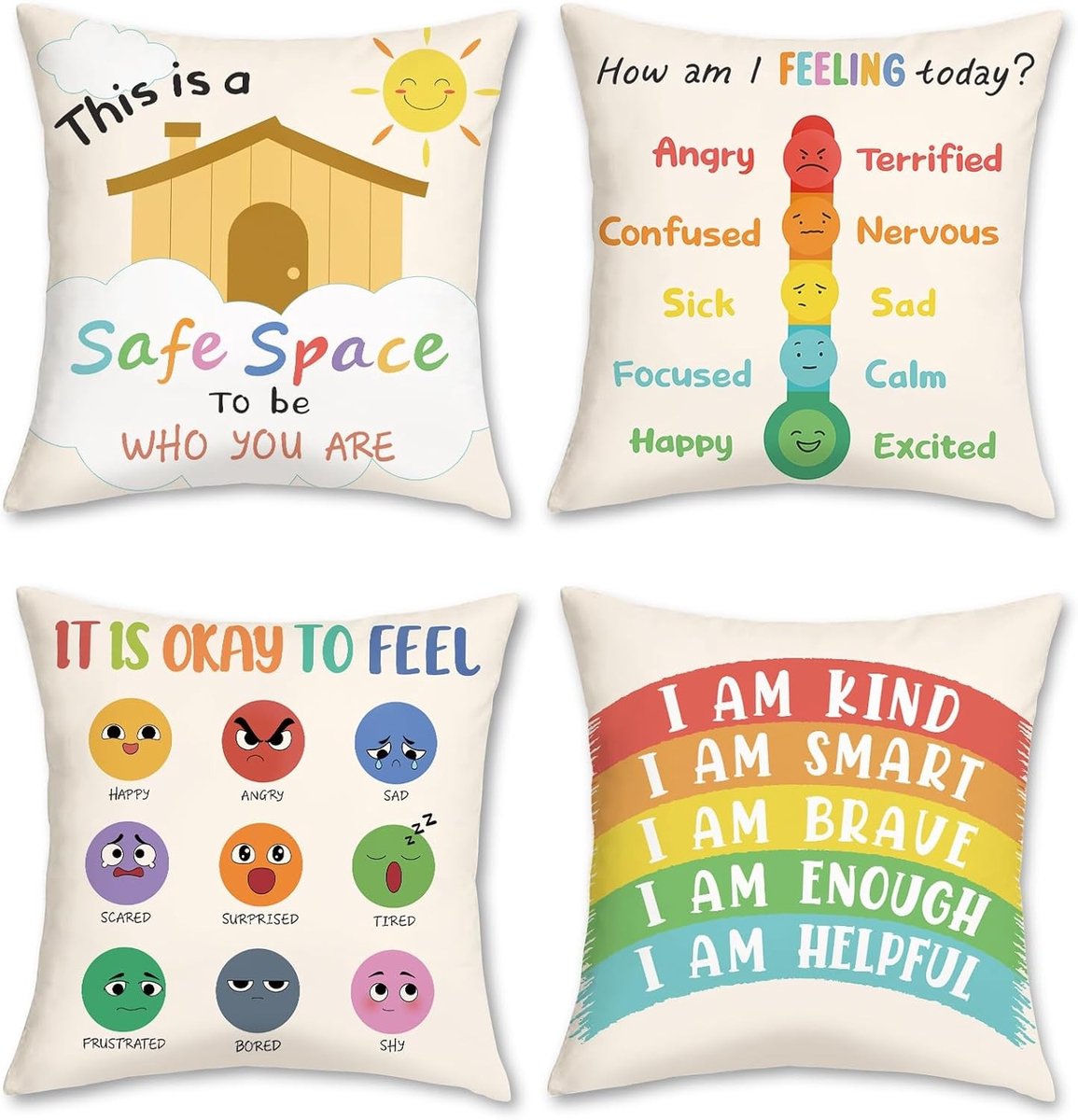 Zachte en Decoratieve Kussenhoezen voor Kinderen, Set van 4, 45 x 45 cm, Perfect voor Sofa, Bed en Leeshoek, Sun Rainbow Design