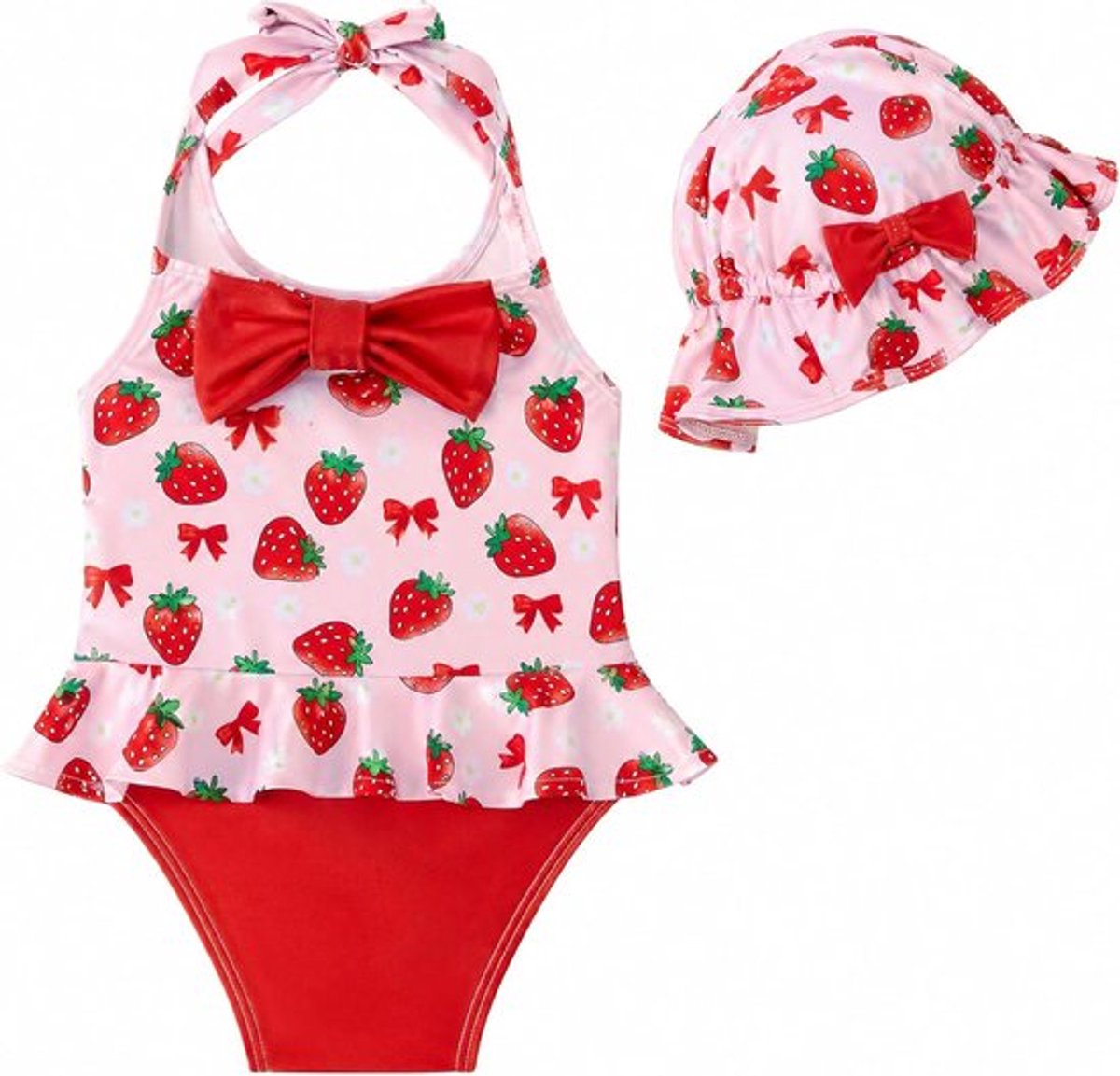 Schattig zwempak voor meisjes van 0-24 maanden met hoed, mouwloos ontwerp en strikje voor de zomer