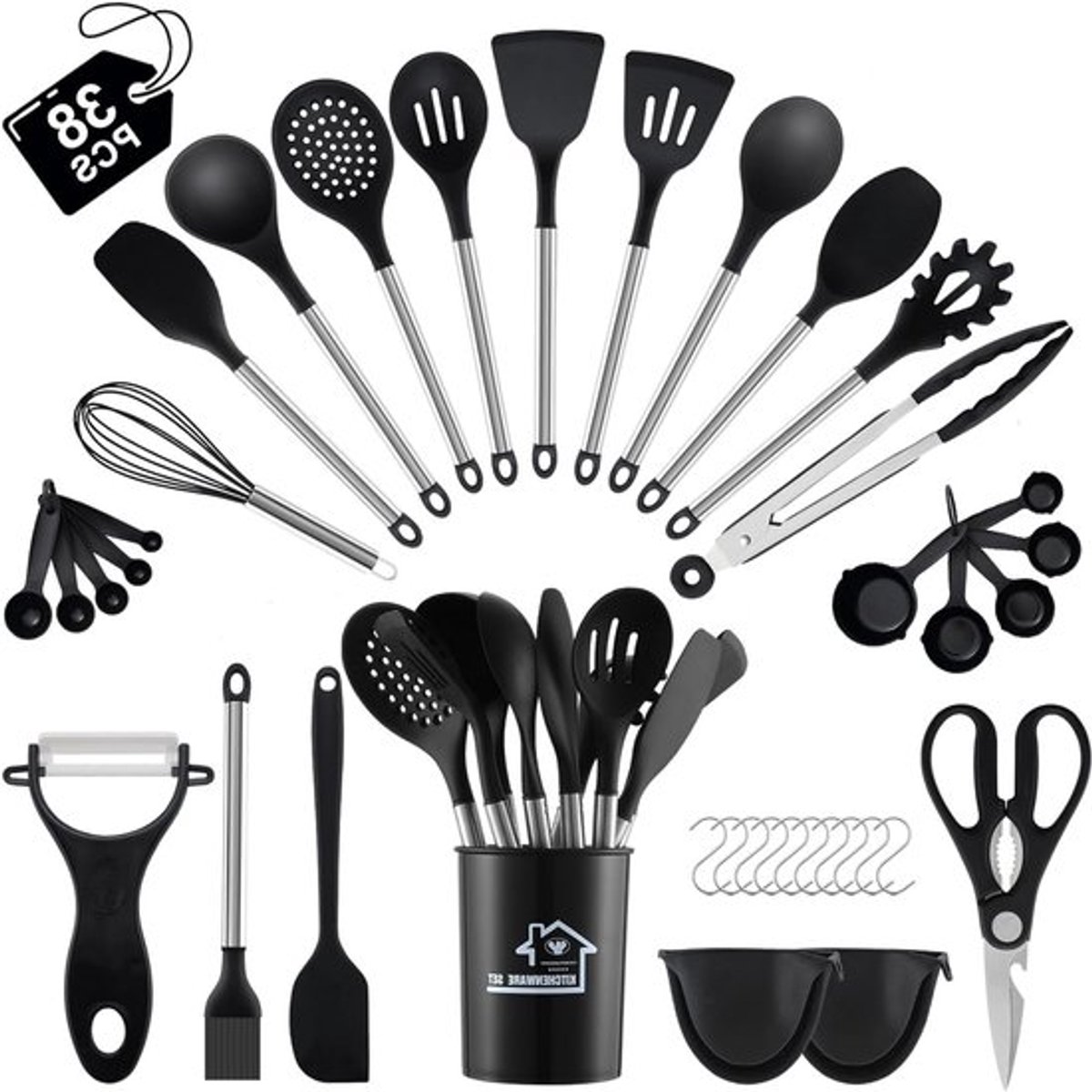 Complete Keuken Gereedschap Set met 38 Stukken, Silicone Keukengerei, Spatel, Maatlepels en Houder, Hittebestendig en Anti-aanbak, Ideaal voor Koken en Bakken