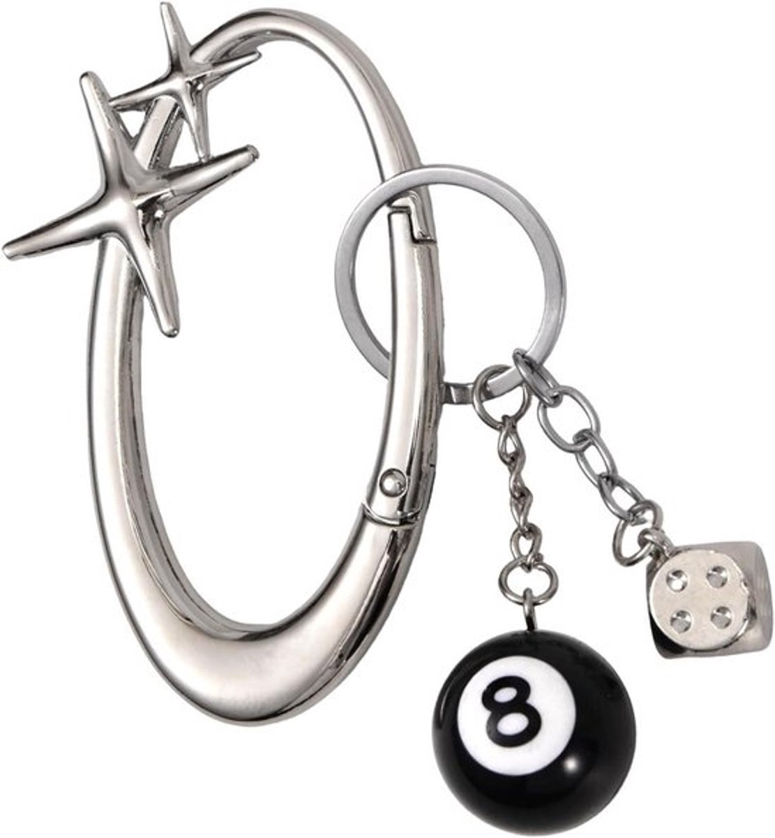 Metalen Starlight Karabijnhaak met Zwarte 8 Ball Dice Charm - Stervormige Riemlus Sleutelhanger voor Handtasdecoratie - Trendy Accessoire voor Vrouwen en Mannen