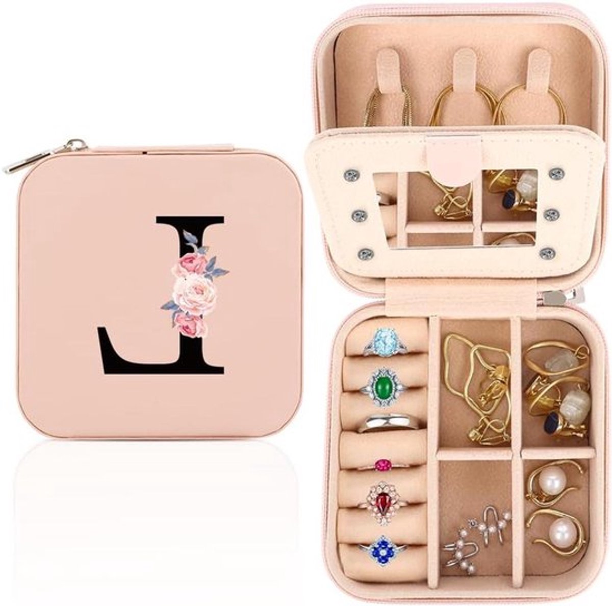 Opbergdoos voor sieraden met spiegel, personaliseerbaar en draagbaar, ideaal voor op reis