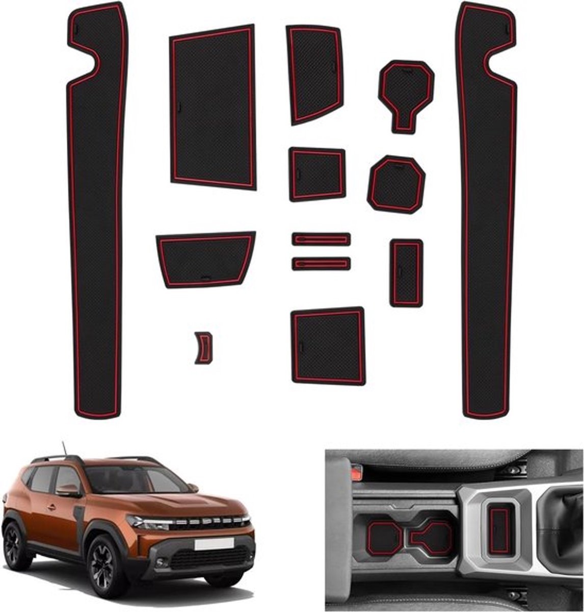 Antislip rubberen matten voor Dacia Duster 3 - Voor middenconsole, bekerhouder en deurnaad - Rood en duurzaam