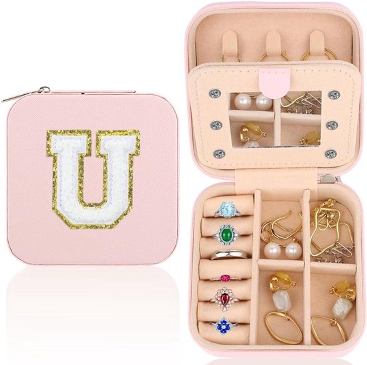Personaliseerbare reis sieraden organizer met spiegel - Klein formaat - Ideaal verjaardagscadeau