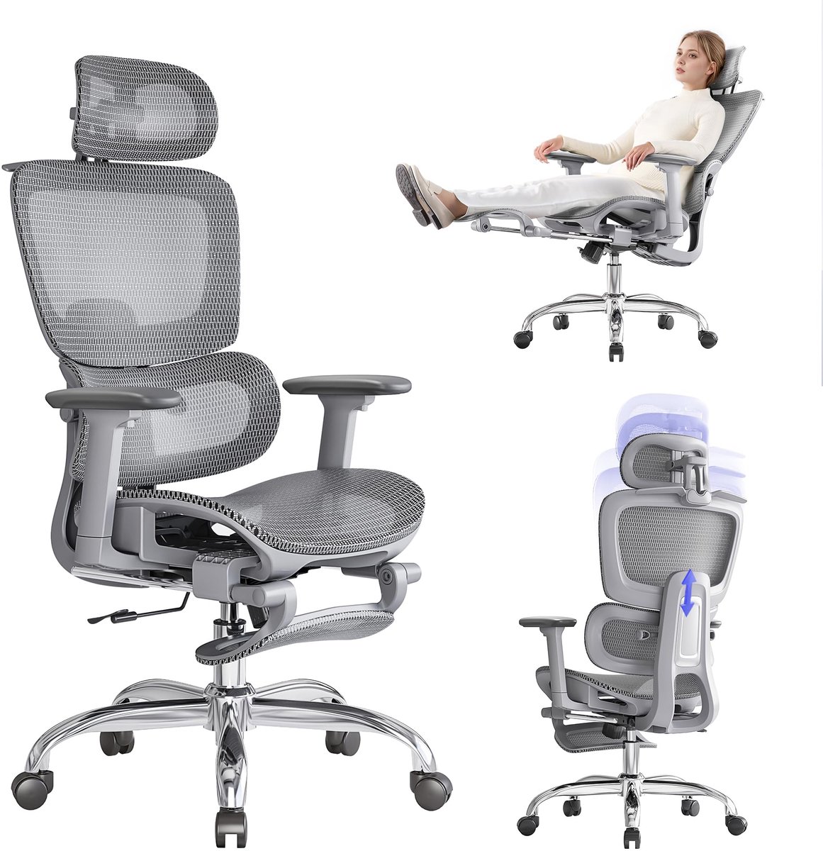 SnelShoppen - Ergonomische Bureaustoel met Voetensteun - 5-Zones Verstelbare Rugleuning, 2D Lendensteun, 3D Arm-/Hoofdsteun, 145° Kantelfunctie, Ademe