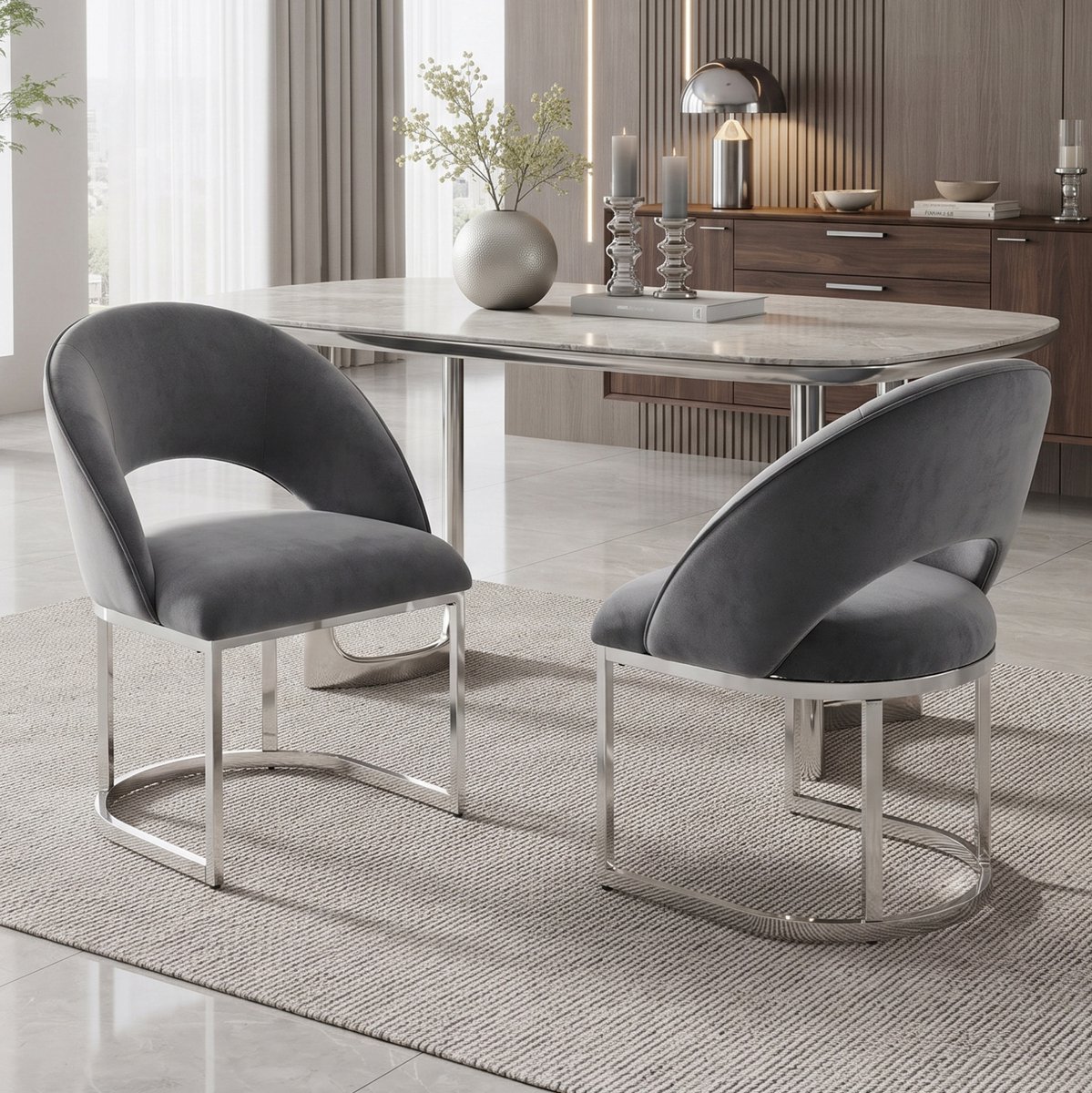 HAUSS SPOLE Eetkamerstoel - Luxe Fluwelen Design - Set Van 2 - Comfortabel Met Armleuningen En Zilverkleurig Metalen Onderstel - Voor Eetkamer, Woonkamer En Café - Grijs